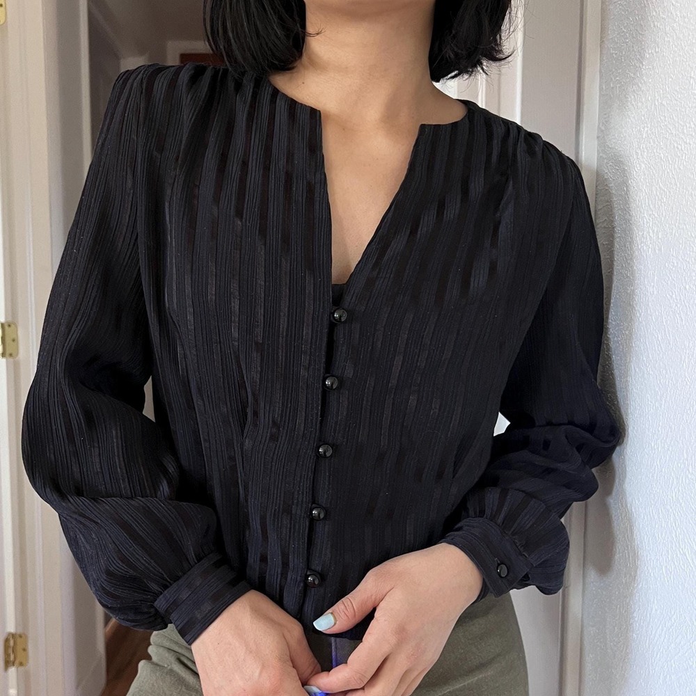vtg 80s striped black button down puff long sleeve blouse‎ medium classic basic